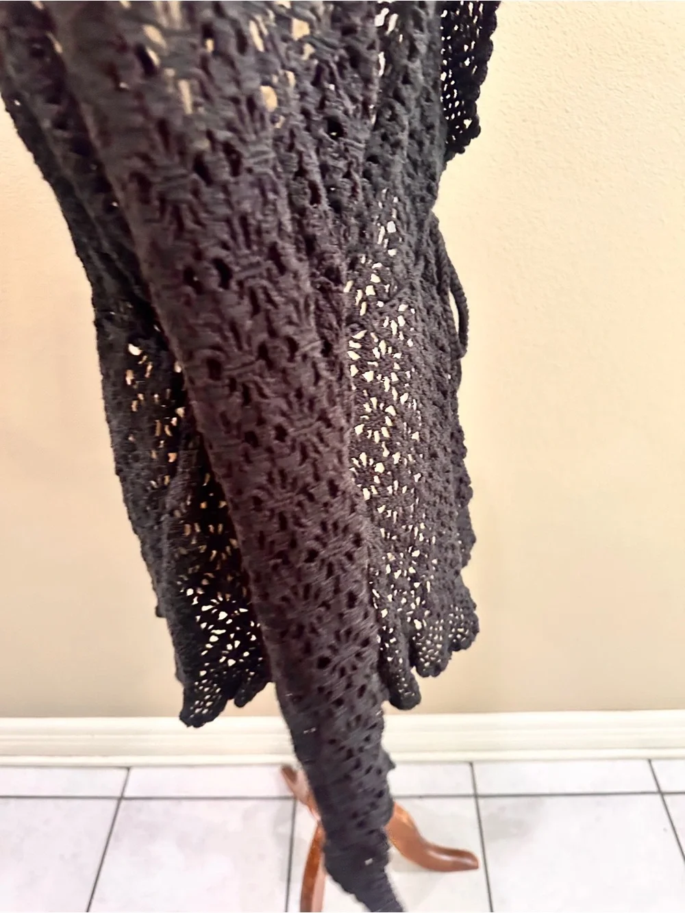 Oscar by Oscar De La Renta Black Crochet Tie-Front Sweater Cardigan L